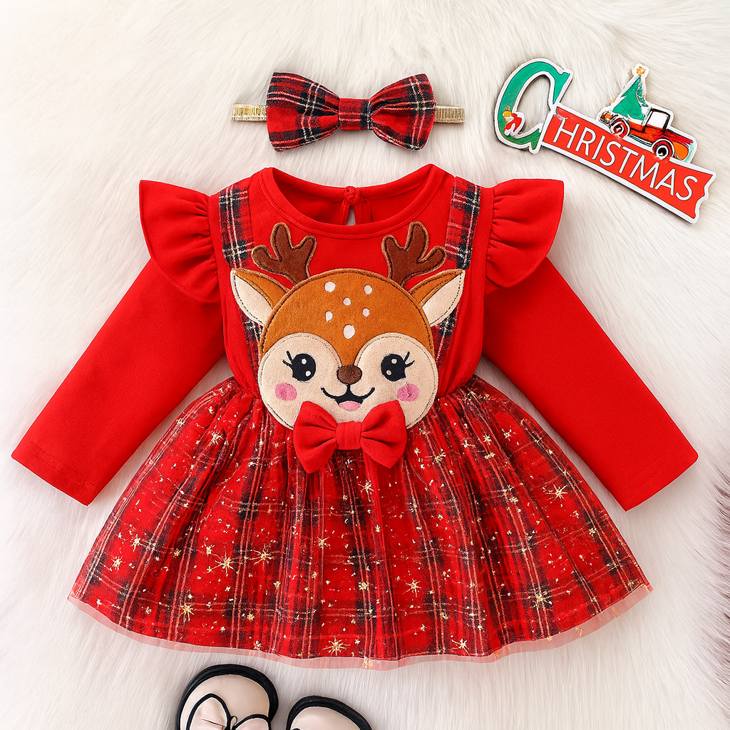 Festive Christmas dress with reindeer appliqué and plaid tulle skirt — perfect for holiday moments