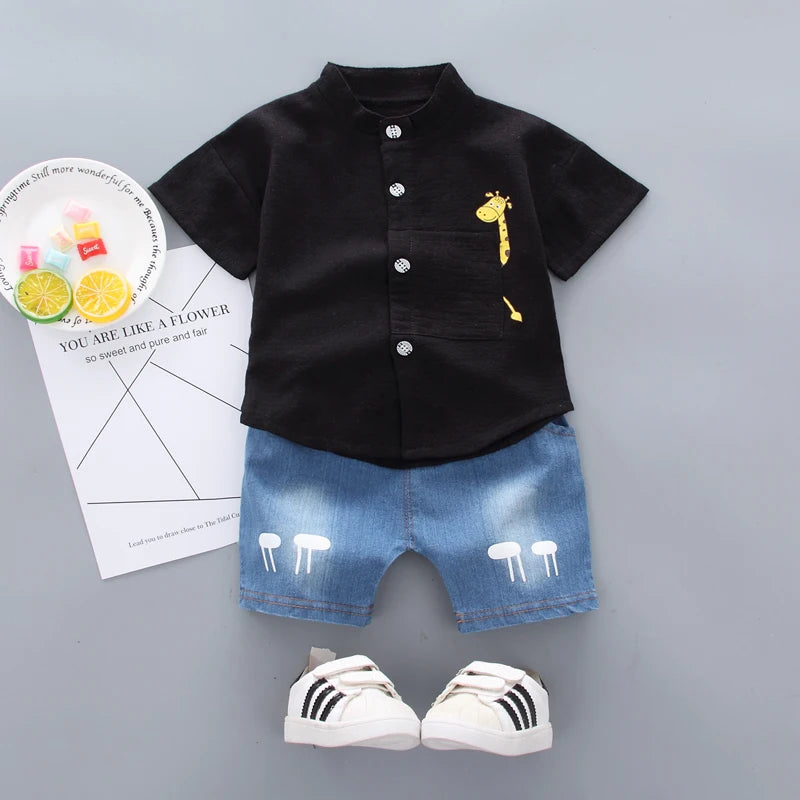 Summer Toddler Boys Outfit – Cartoon Short-Sleeve Shirt + Denim Shorts Set | Comfortable Baby Clothes