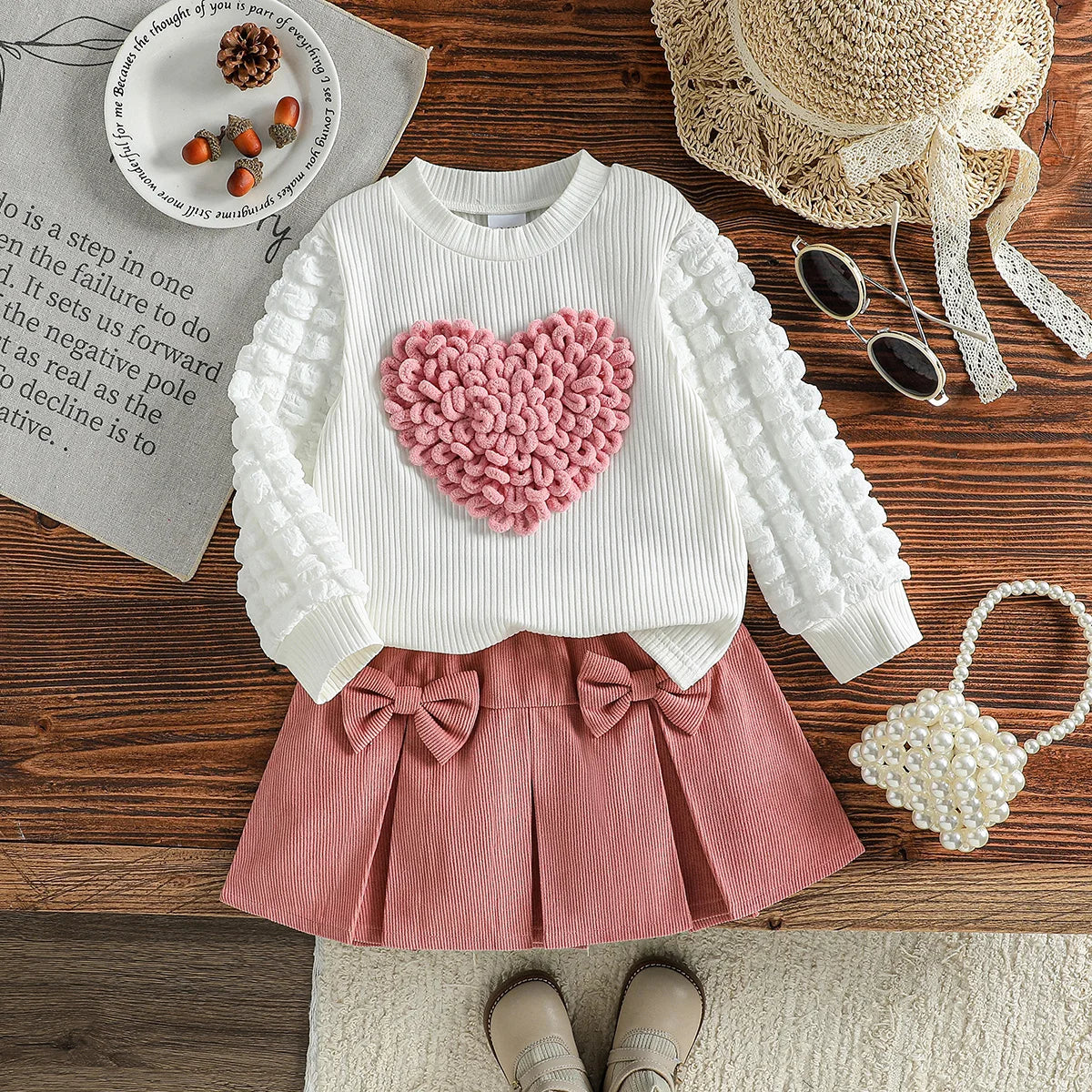 Cute 2-piece heart top and bow skirt set for girls — perfect for spring and autumn