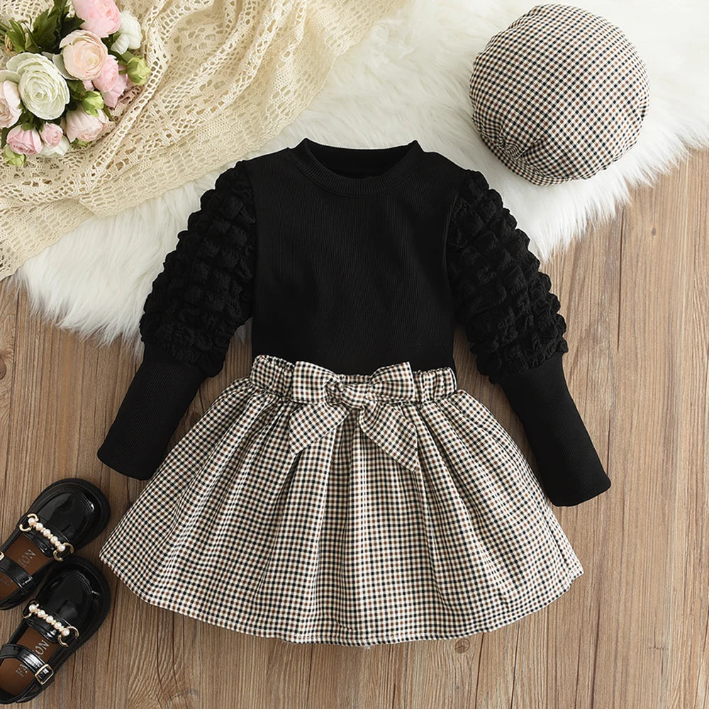 Girls Three-Piece Outfit Set with Plaid Skirt