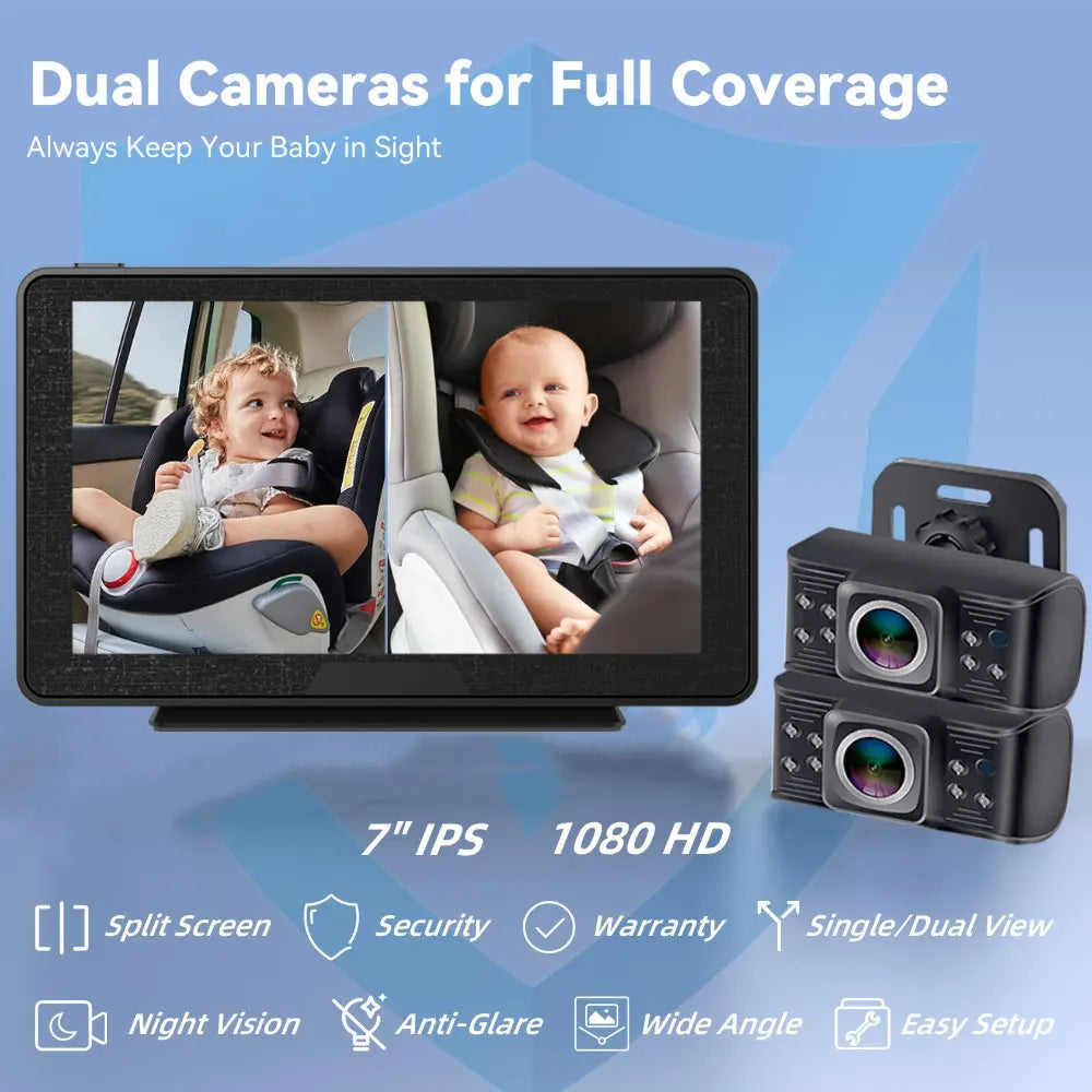 7" Dual Baby Car Camera with Night Vision & 360° Rotating View