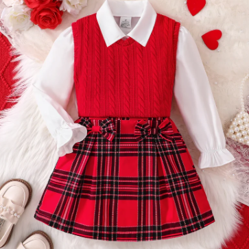 Cute 3-piece set with knitted top, lace collar and checkered skirt — perfect for spring and autumn