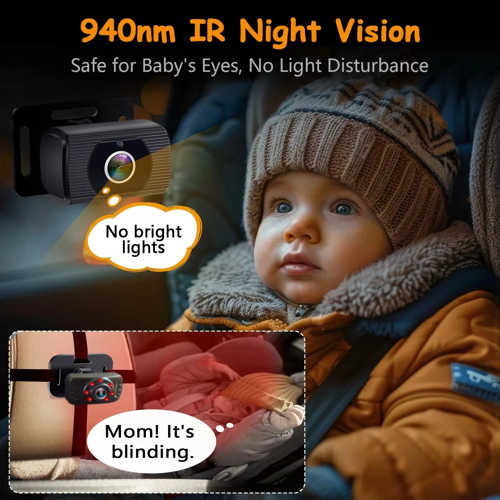 7" Dual Baby Car Camera with Night Vision & 360° Rotating View
