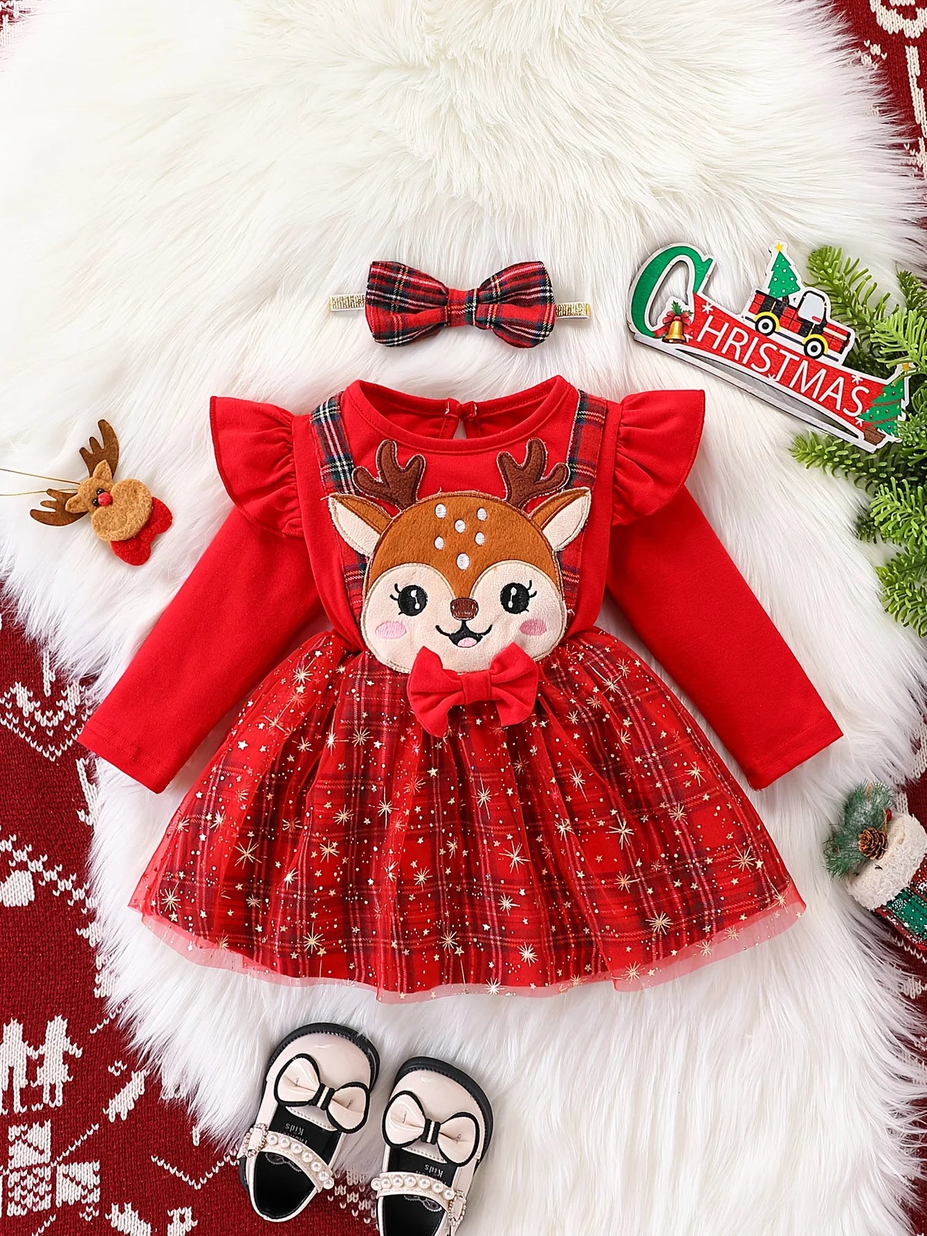 Festive Christmas dress with reindeer appliqué and plaid tulle skirt — perfect for holiday moments