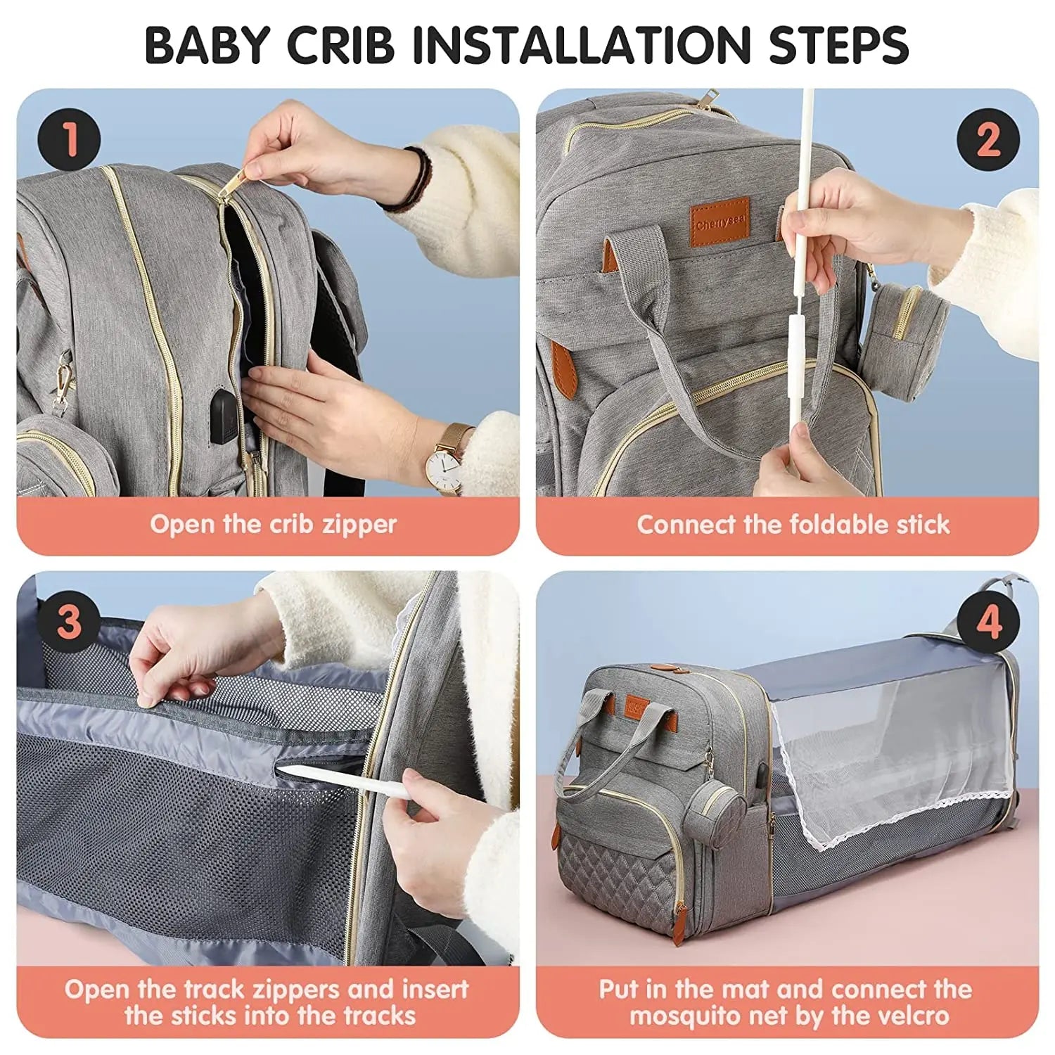 3-in-1 Nappy Backpack with Foldable Baby Bed & USB Charging