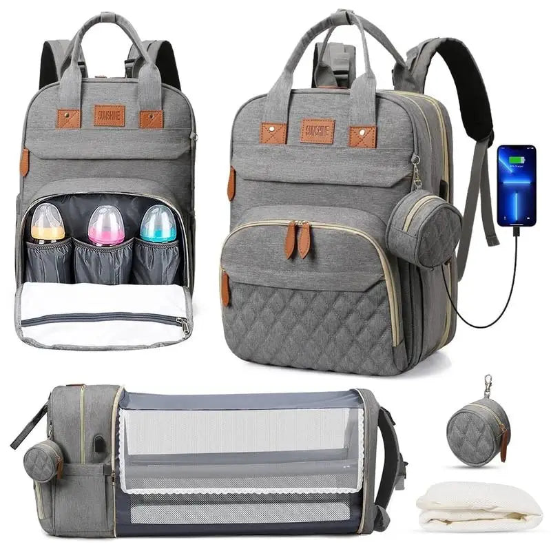 3-in-1 Nappy Backpack with Foldable Baby Bed & USB Charging