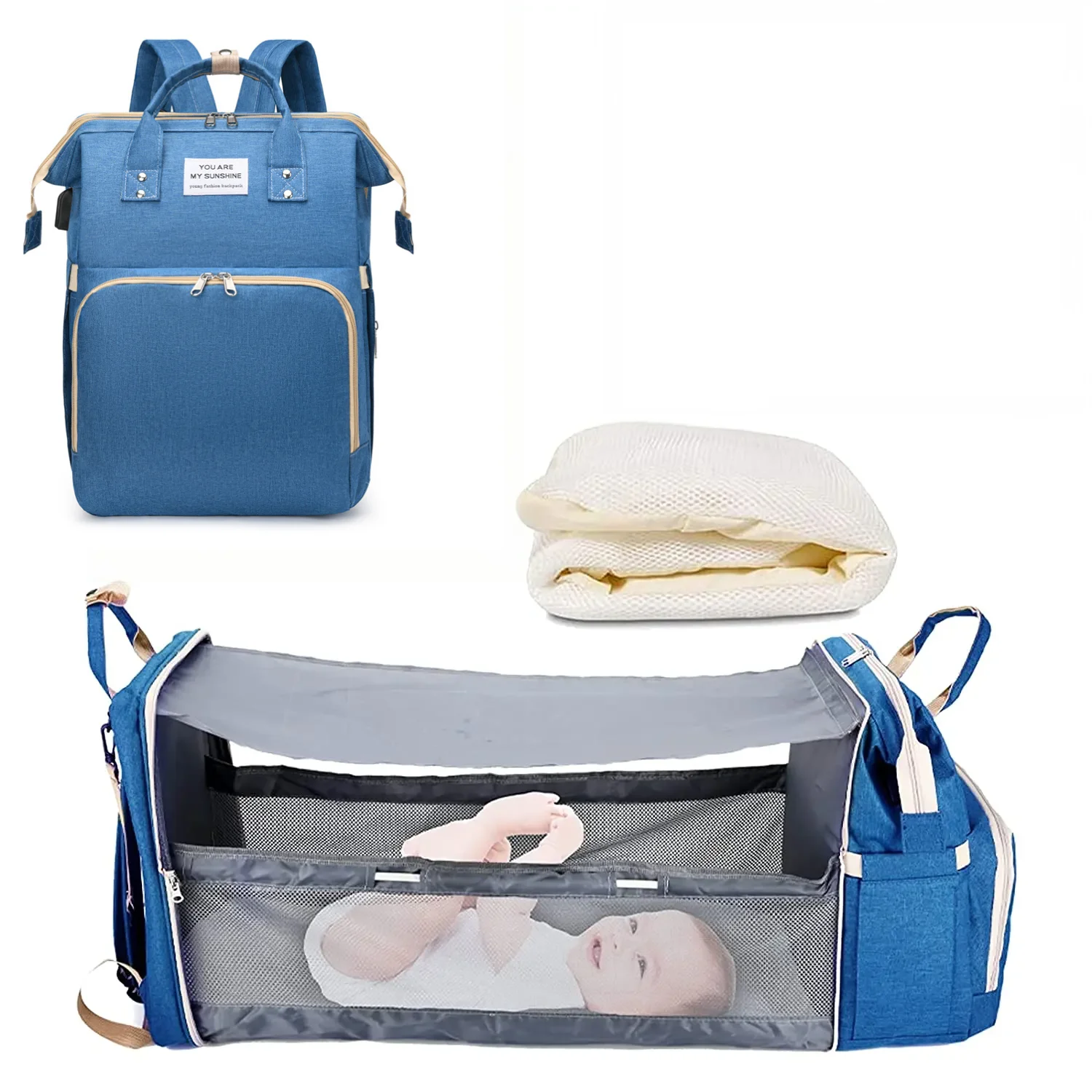 3-in-1 Nappy Backpack with Foldable Baby Bed & USB Charging