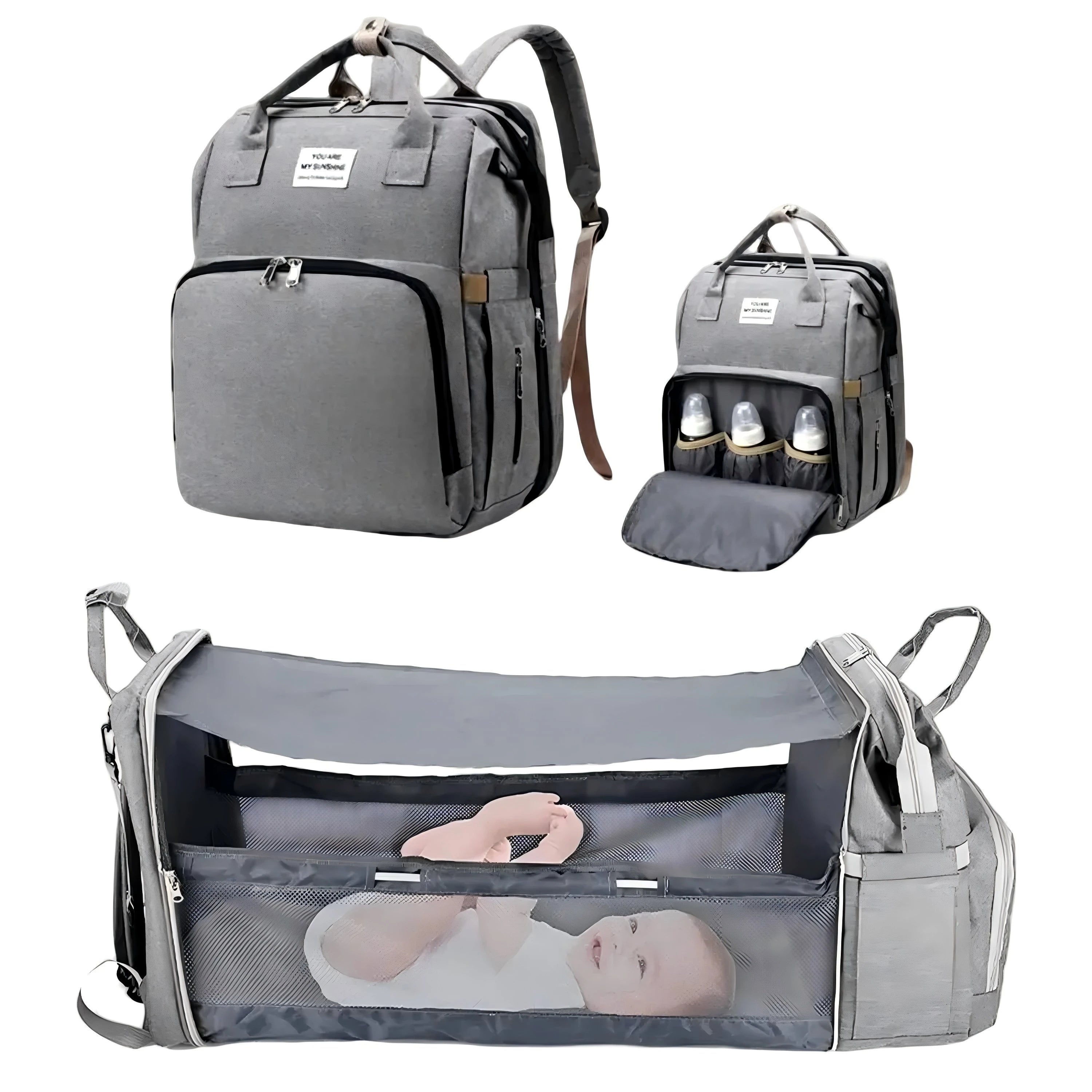 3-in-1 Nappy Backpack with Foldable Baby Bed & USB Charging