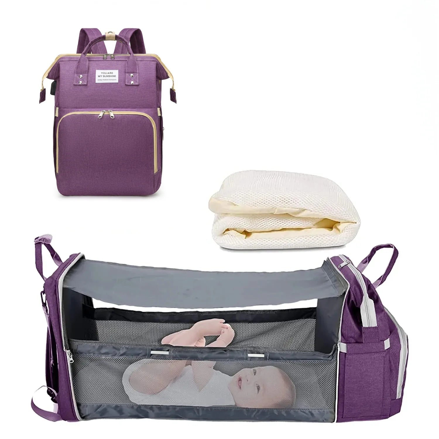 3-in-1 Nappy Backpack with Foldable Baby Bed & USB Charging