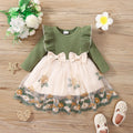 Sweet baby girl dress featuring ruffled sleeves and a floral mesh patchwork skirt — a charming choice for spring and autumn days