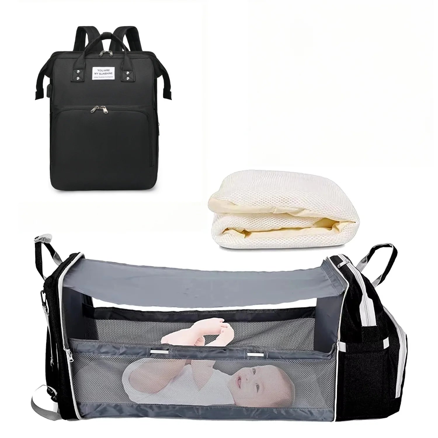 3-in-1 Nappy Backpack with Foldable Baby Bed & USB Charging